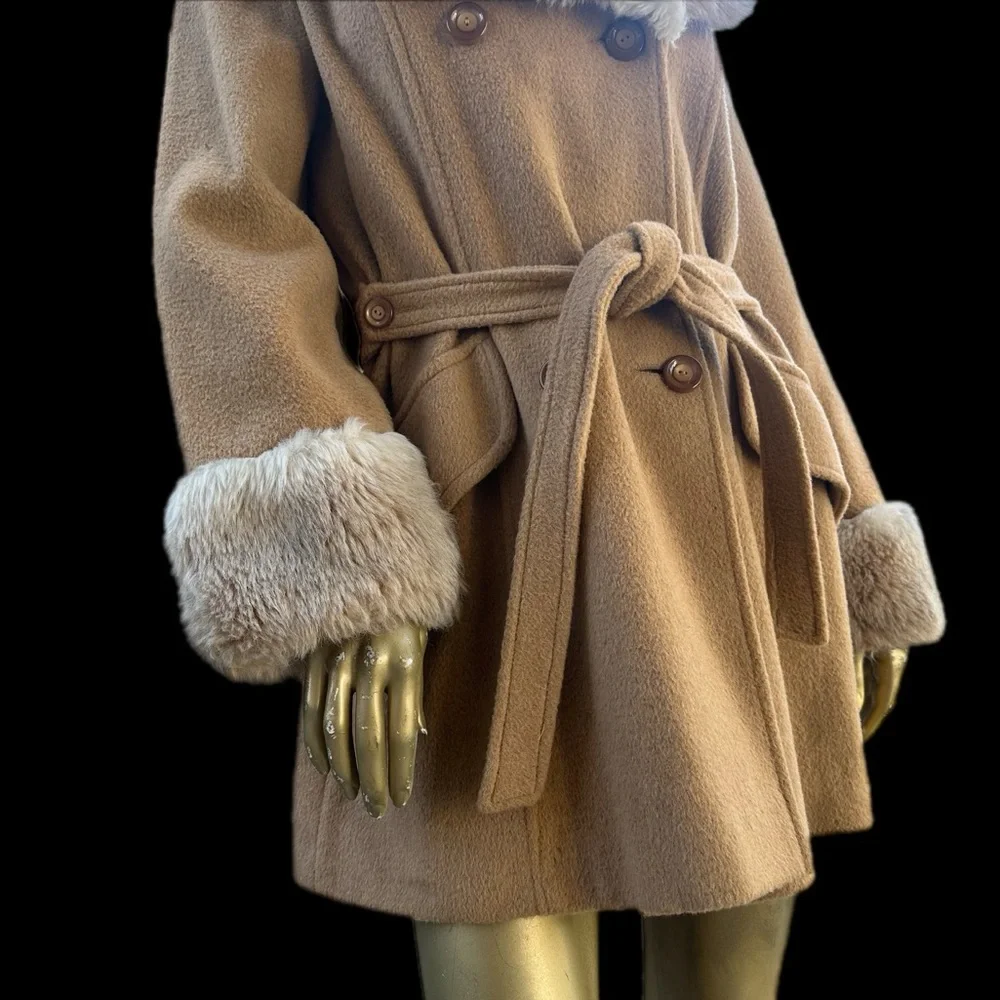 Vintage wool & faux fur collar double-breasted belted coat penny lane style, 14 - Picture 4 of 11